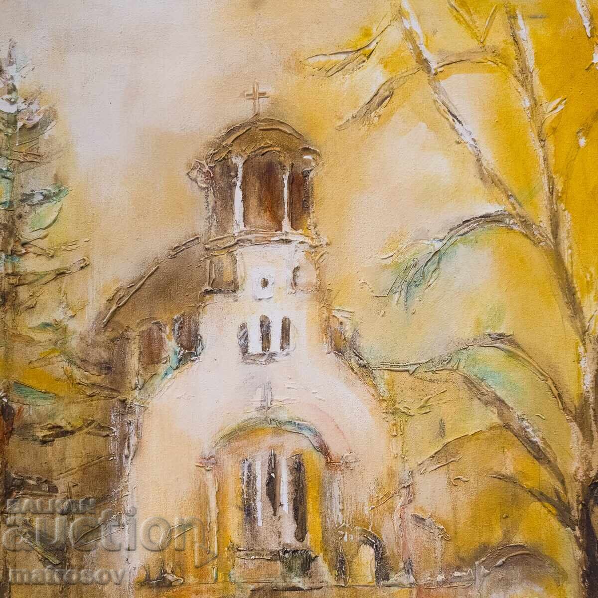 Venelin Petrov, oil painting, landscape with church with price 400.00 BGN | € 204.52