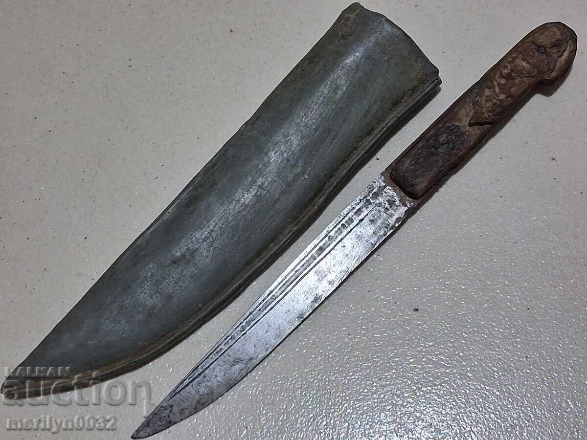 Cuțit Kapanski cu teacă, mâner din corn și gravuri primitive - 5
