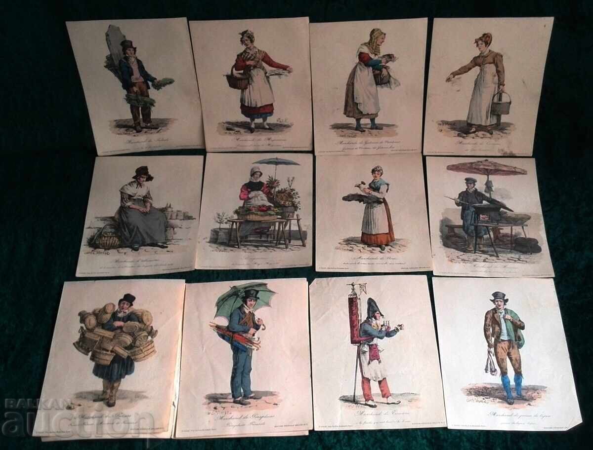 Secolul al XIX-lea Set de 12 gravuri din „Strigătele Parisului” de Carl - 7