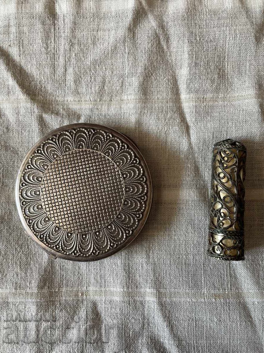 Powder compact and lipstick - old, marked