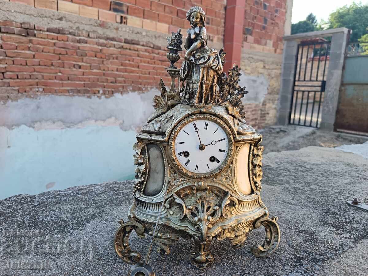 Frumos Ceas de Șemineu Bronz Franța Sec. 19 - Funcționează!