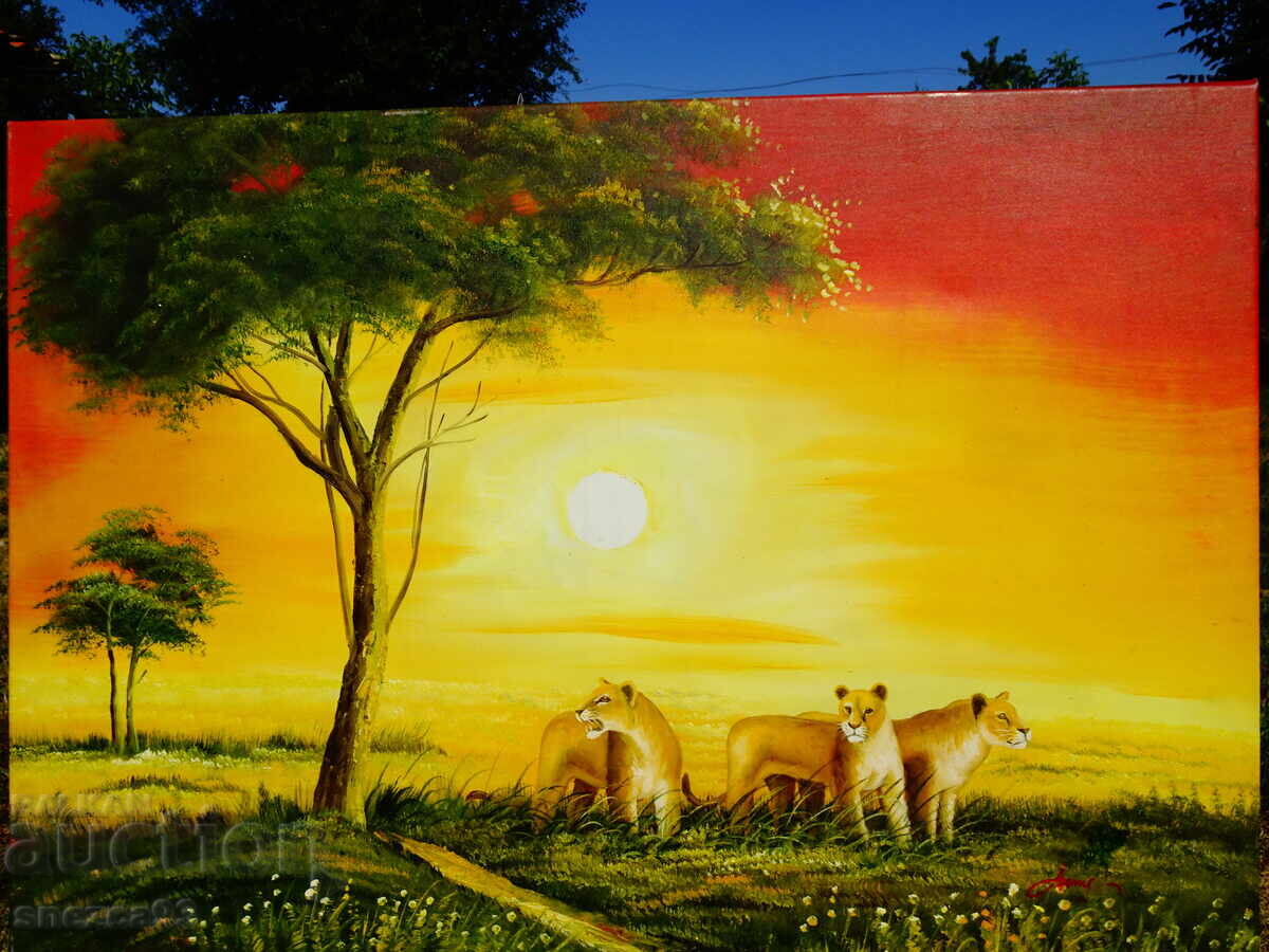 Картина Лъв,Лъвове,масло върху платно,подпис,100 см. - 5