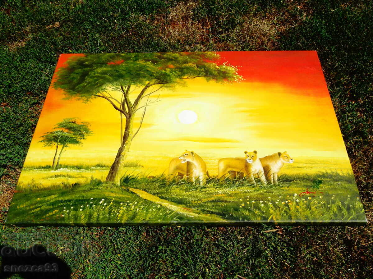 Картина Лъв,Лъвове,масло върху платно,подпис,100 см. - 7