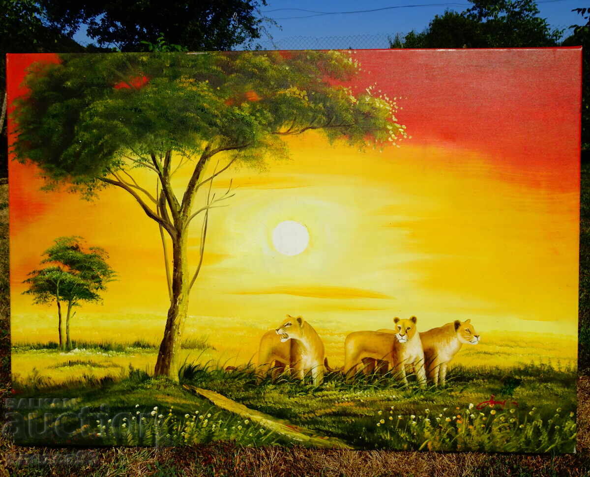 Картина Лъв,Лъвове,масло върху платно,подпис,100 см.