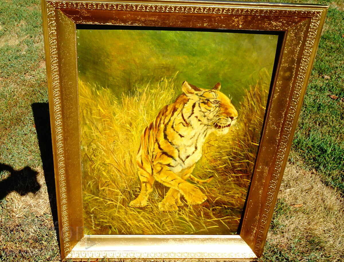 Картина Тигър,масло върху фазер,подпис,рамка. - 7