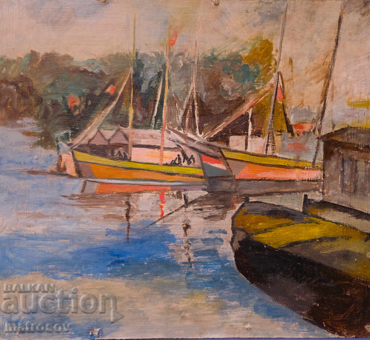 Peter Nenov, seascape with boats, oil painting