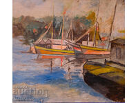 Peter Nenov, seascape with boats, oil painting