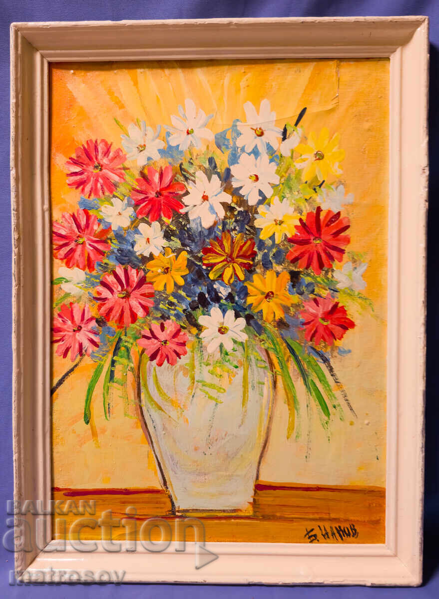 Boris Tsanov, tablou ulei, natură statică vază cu flori cu preț 300.00 BGN | € 153.39