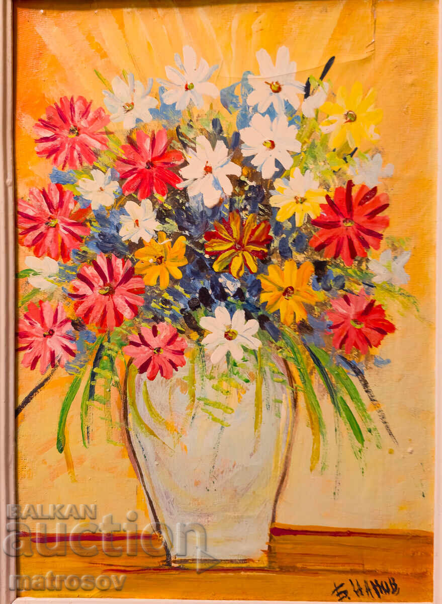 Licitație Boris Tsanov, tablou ulei, natură statică vază cu flori