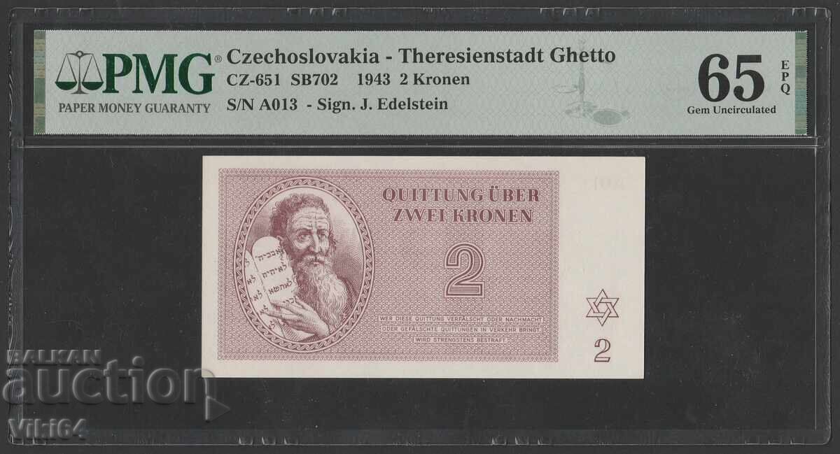 PMG 64 Bancnotă Ghetou Terezin 2 Coroane 1943 Cehoslovacia