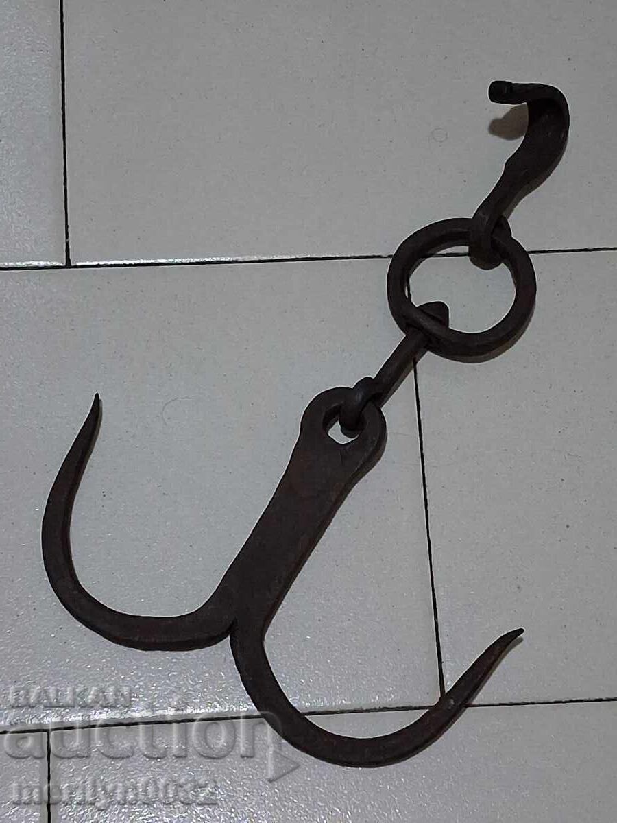 Cârlig antic din fier forjat, cârlig dublu