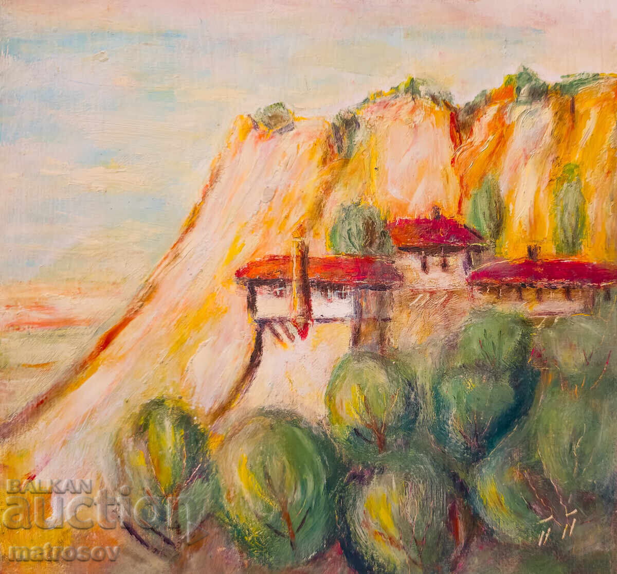 Mountain landscape with houses, painting, oil paints with price 200.00 BGN | € 102.26