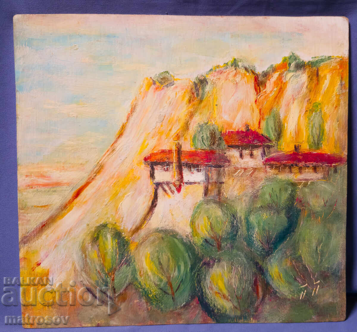 Auction  Mountain landscape with houses, painting, oil paints