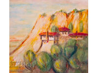 Peisaj montan cu case, tablou, ulei