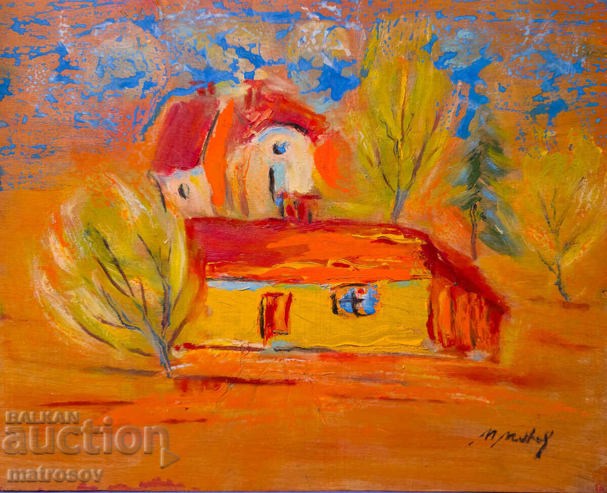 Маслена картина, пейзаж с къща