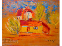 Tablou în ulei, peisaj cu casă