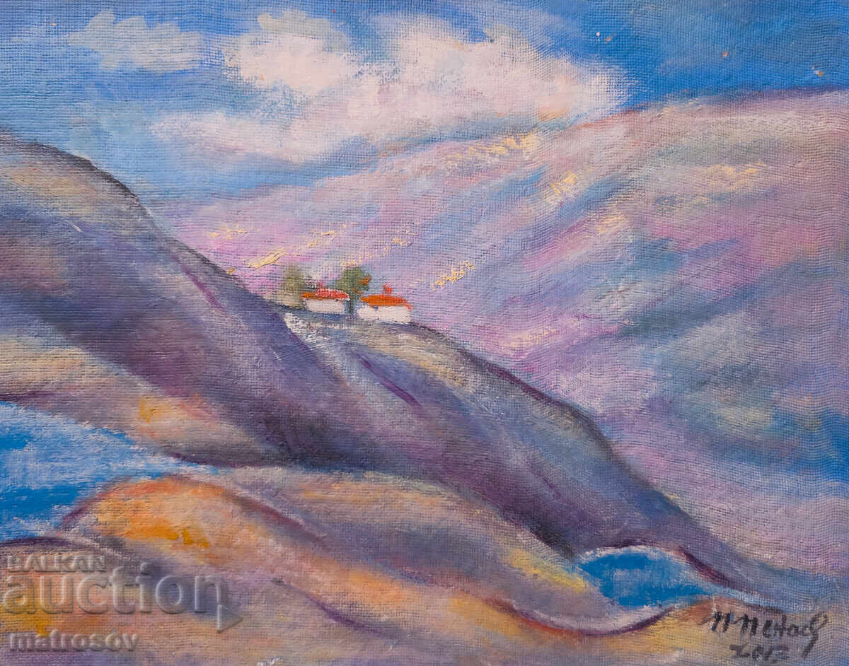 Oil painting, mountain landscape with houses with price 200.00 BGN | € 102.26
