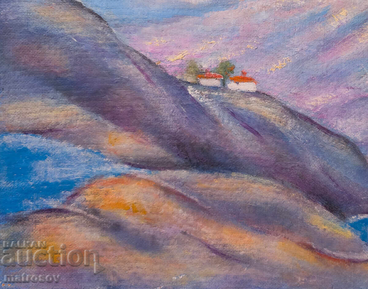 Auction  Oil painting, mountain landscape with houses