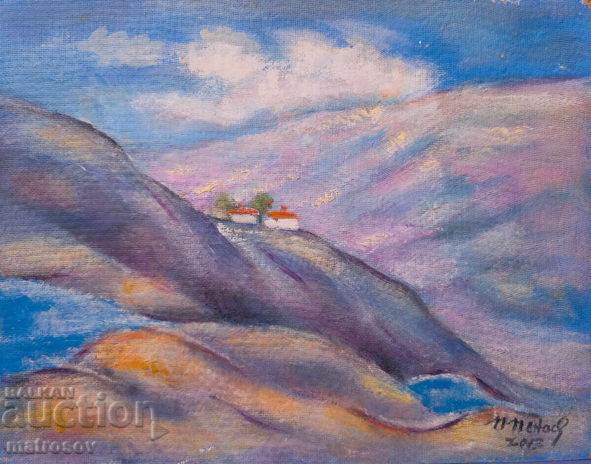 Oil painting, mountain landscape with houses