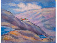 Oil painting, mountain landscape with houses