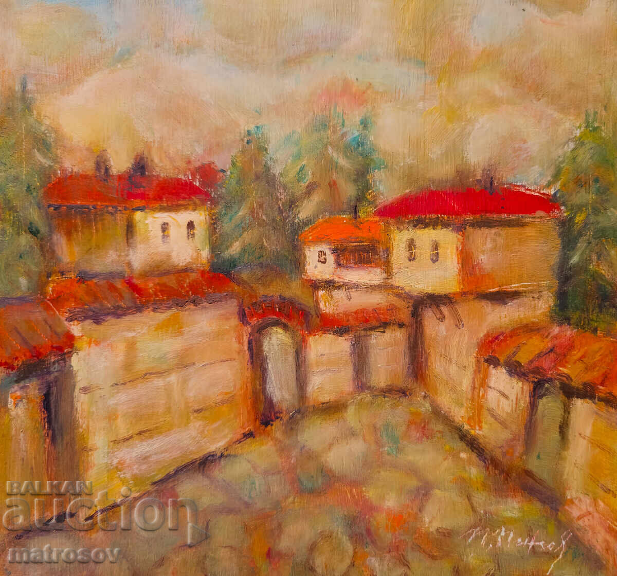 Painting of a rural landscape with houses, oil paints