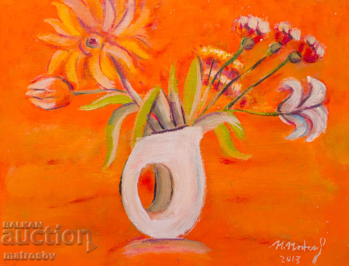 Oil painting, still life, vase with flowers, 2013
