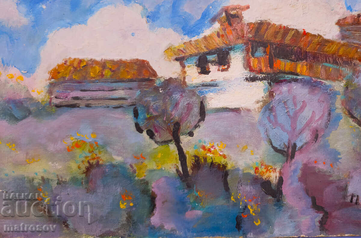 Παράδοση Ελαιογραφία, τοπίο με σπίτια