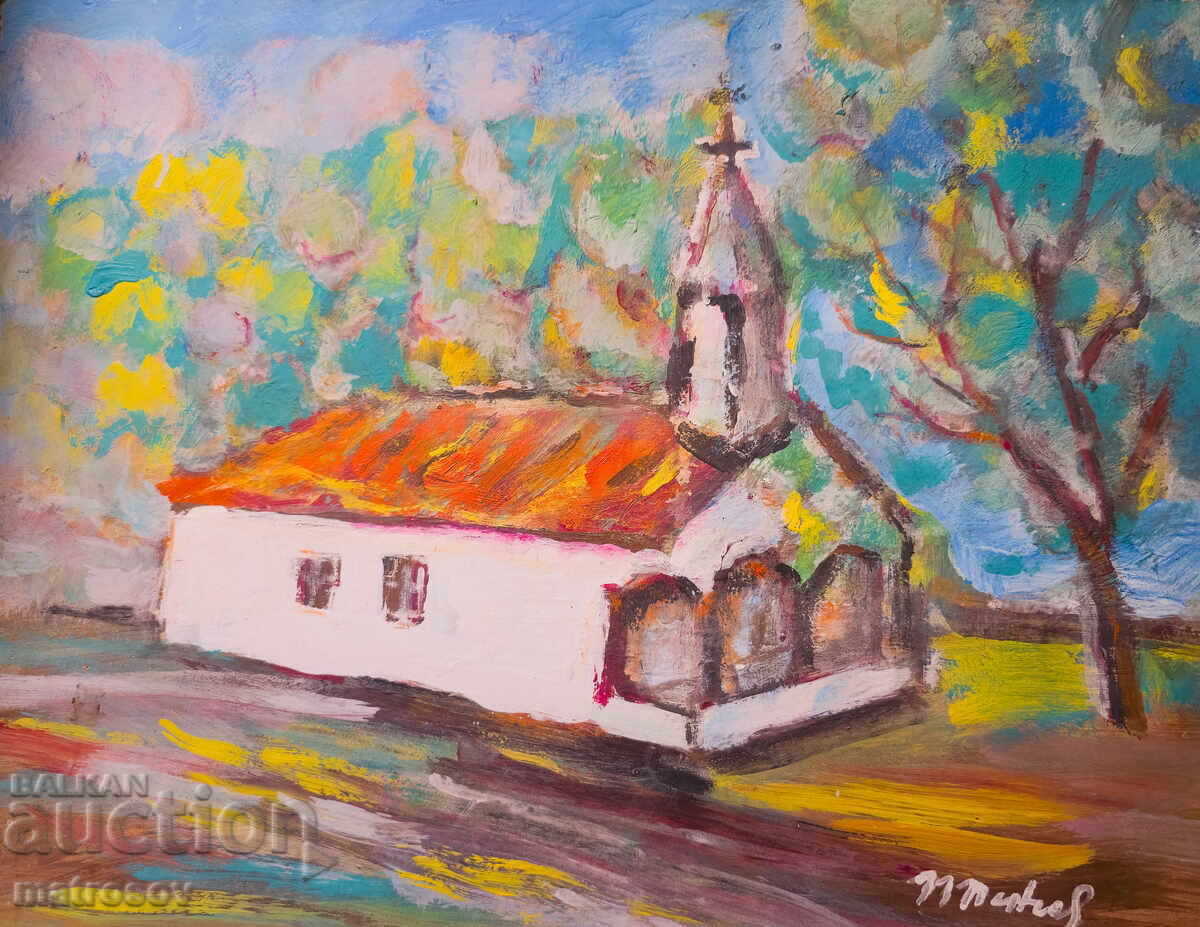 Tablou în ulei, peisaj cu biserică cu preț 200.00 BGN | € 102.26