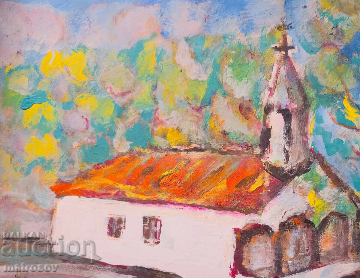 Tablou în ulei, peisaj cu biserică - 7