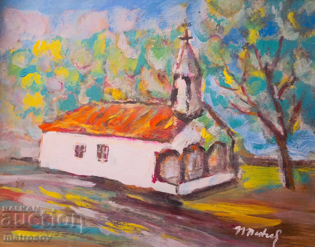 Tablou în ulei, peisaj cu biserică