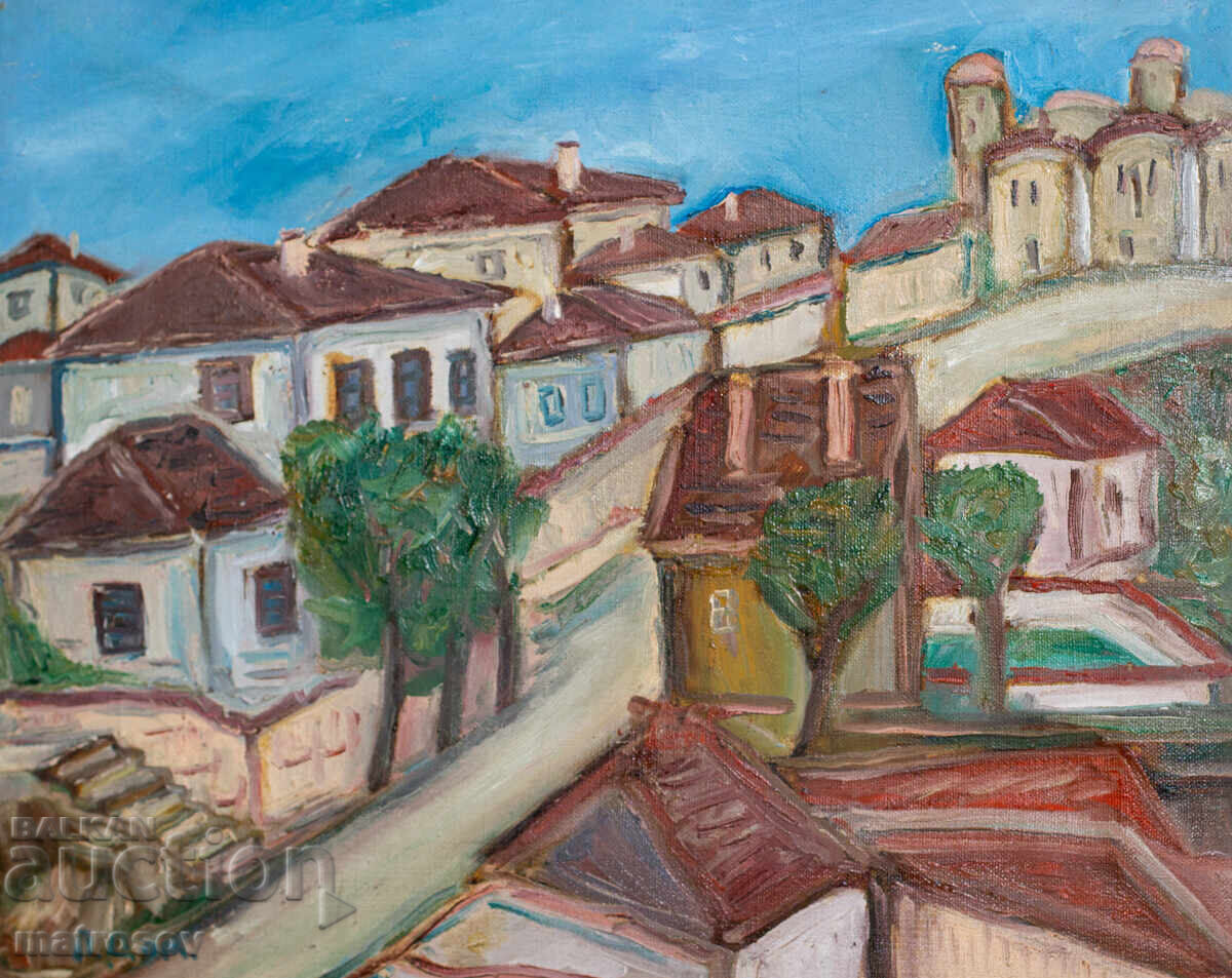 Oil painting, genre landscape with houses