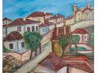 Oil painting, genre landscape with houses