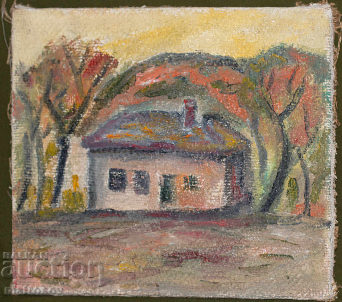 Licitație Tablou în ulei, peisaj cu casă