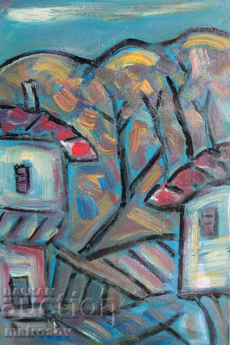 Oil painting, landscape with houses