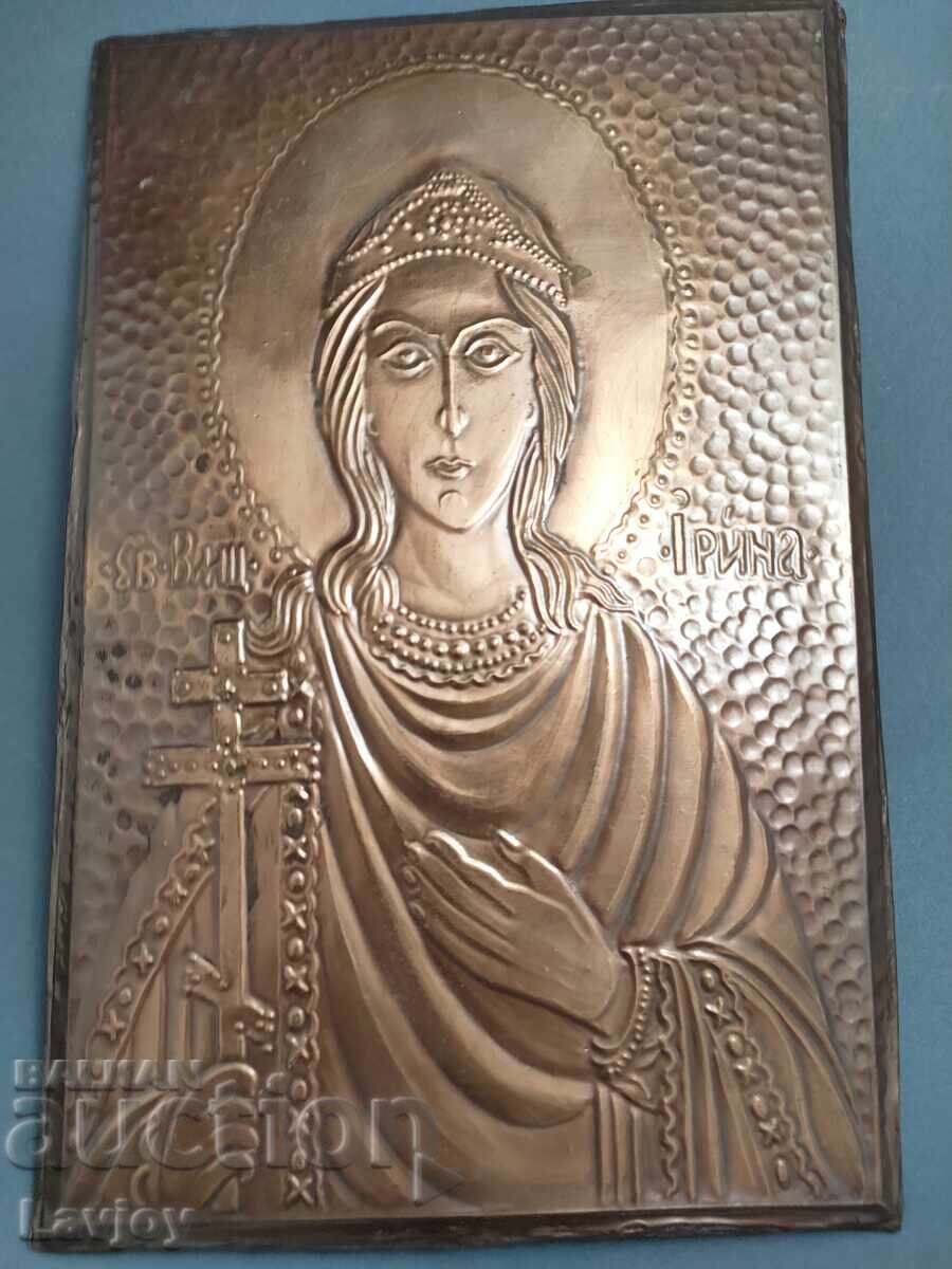 Icoană de casă cu montură de cupru Sf. Mc. Irina cu preț 100.00 BGN | € 51.13 Icoană de casă cu montură de cupru Sf. Mc. Irina cu preț 100.00 BGN | € 51.13