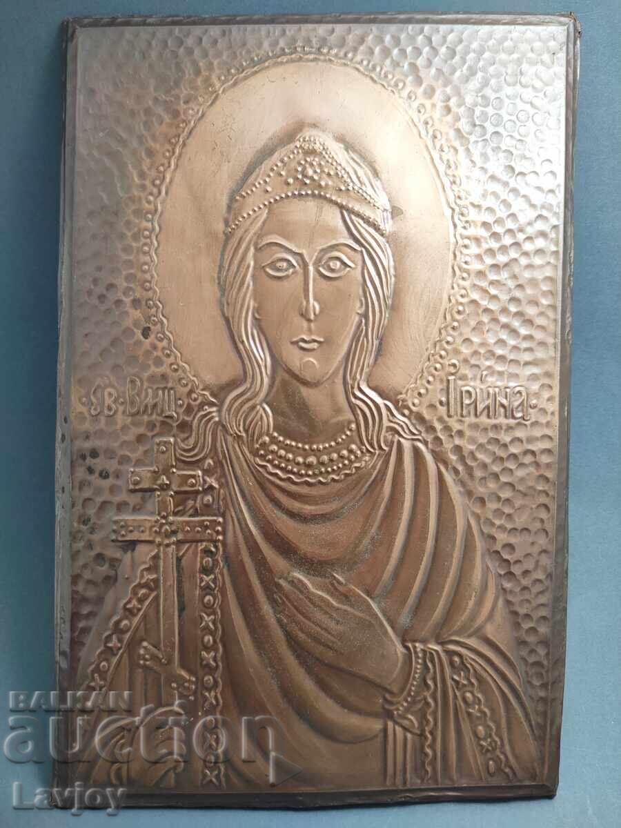 Icoană de casă cu montură de cupru Sf. Mc. Irina Icoană de casă cu montură de cupru Sf. Mc. Irina