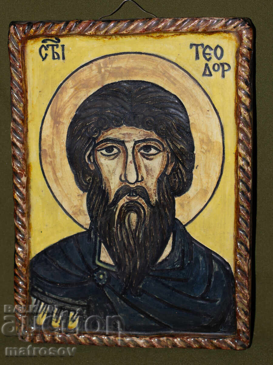Старо керамично пано, икона на Св. Теодор с цена 200.00 лв. | € 102.26