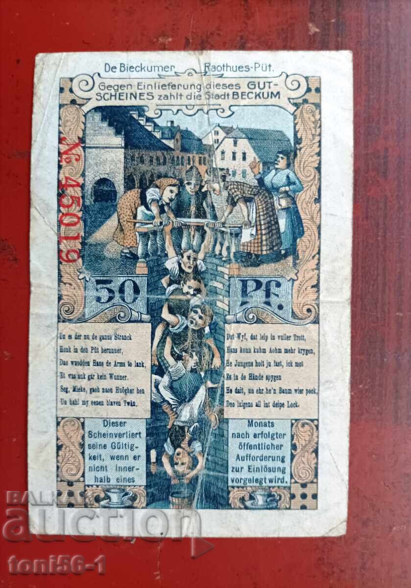 Germany, Notgeld from the city of Beckum, 50 Pfennig 1918 with price 2.60 BGN | € 1.33