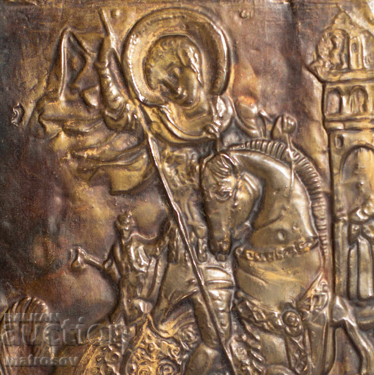 Delivery of Old copper plaque icon of St. George slaying the dragon Delivery of Old copper plaque icon of St. George slaying the dragon