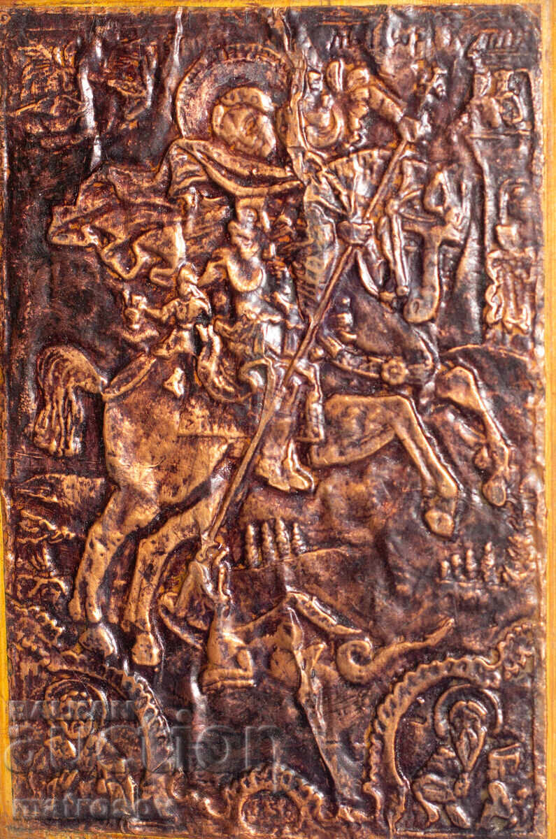 Licitație Plachetă veche de cupru, icoană Sf. Gheorghe ucigând balaurul