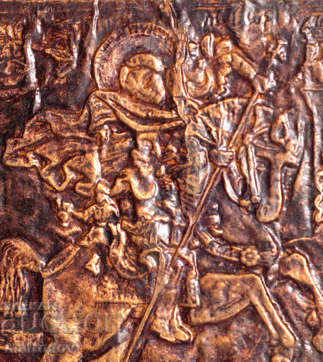 Livrarea Plachetă veche de cupru, icoană Sf. Gheorghe ucigând balaurul