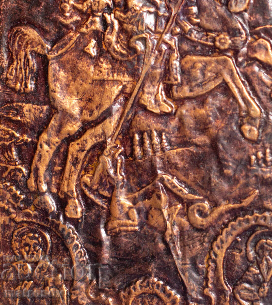 Plachetă veche de cupru, icoană Sf. Gheorghe ucigând balaurul - 5