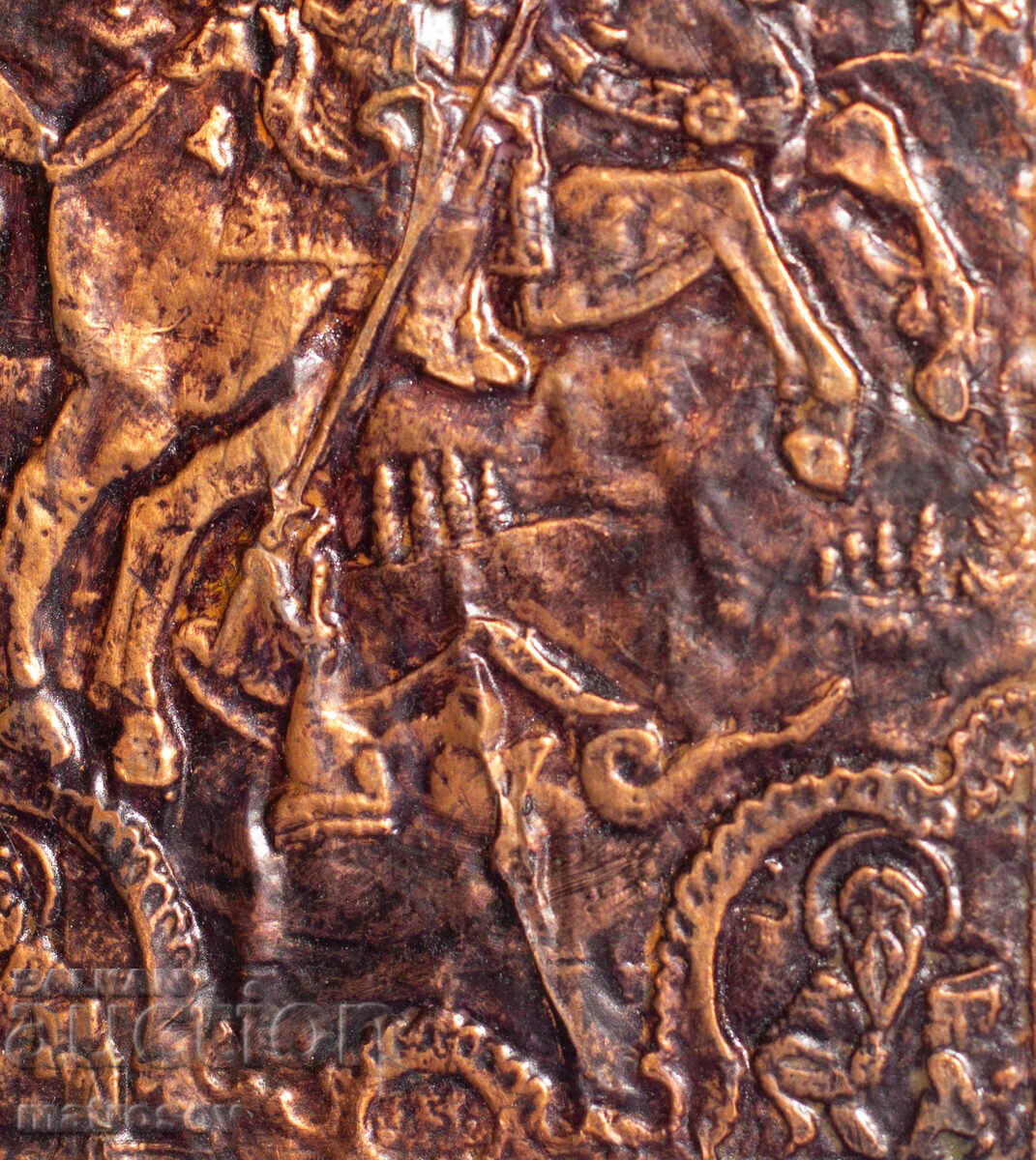 Plachetă veche de cupru, icoană Sf. Gheorghe ucigând balaurul - 6