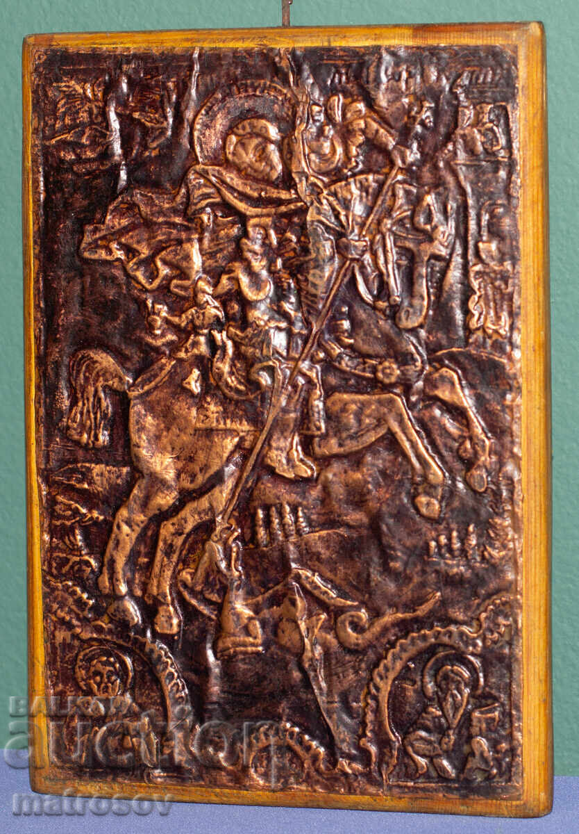 Plachetă veche de cupru, icoană Sf. Gheorghe ucigând balaurul
