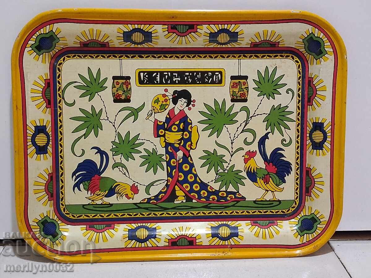 Tavă veche cu imprimeu colorat cu geishă, tavă, platou, tepsi - 6 Tavă veche cu imprimeu colorat cu geishă, tavă, platou, tepsi - 6