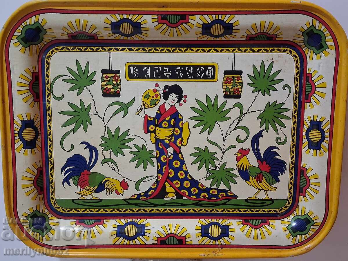 Tavă veche cu imprimeu colorat cu geishă, tavă, platou, tepsi Tavă veche cu imprimeu colorat cu geishă, tavă, platou, tepsi