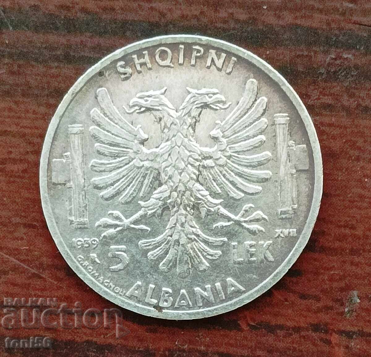 Αλβανία 5 λεκ 1939 aUNC - ασήμι Αλβανία 5 λεκ 1939 aUNC - ασήμι