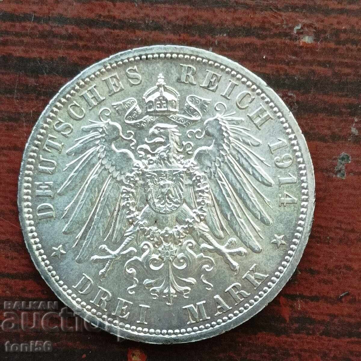 Германия - Анхалт 3 марки 1914  аUNC   - сребро с цена 175.00 лв. | € 89.48