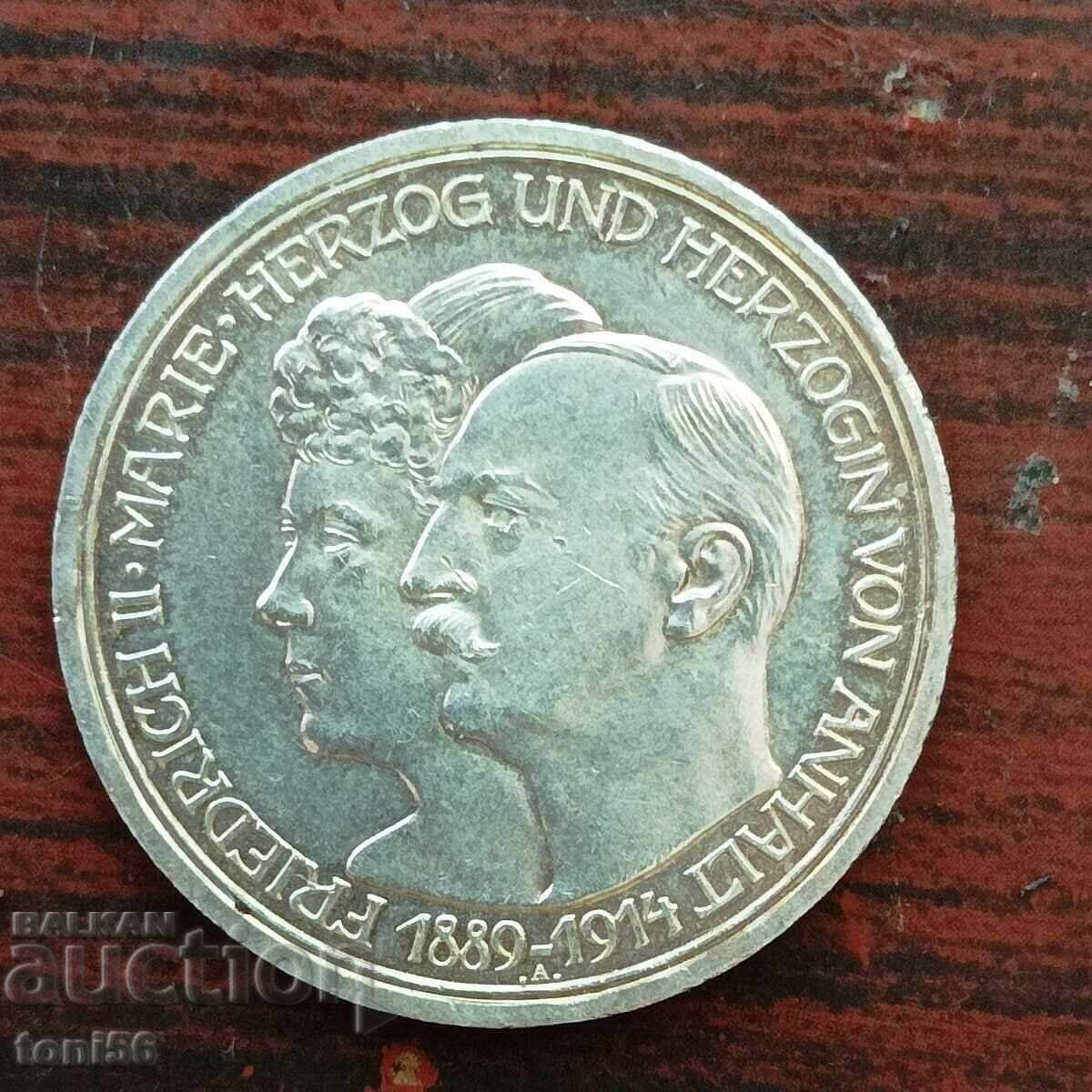 Германия - Анхалт 3 марки 1914  аUNC   - сребро