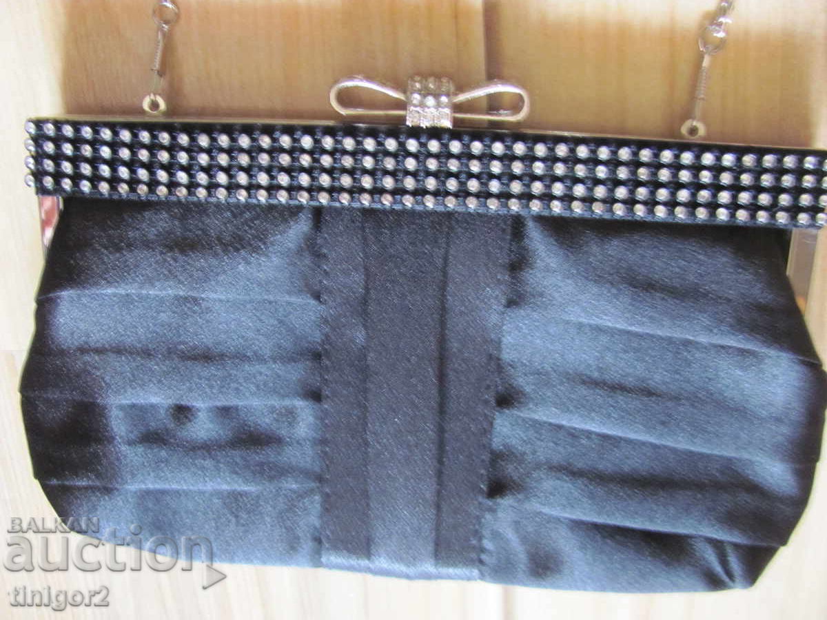 Auction New official women's handbag, black satin, short, long handle Auction New official women's handbag, black satin, short, long handle